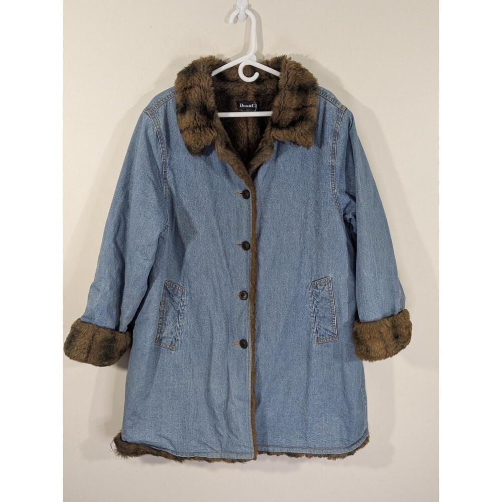 Vintage Y2K Penny Lane Faux Fur Trim Denim Long Coat Large Grunge Mob Wife Sz 1X